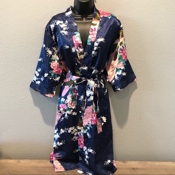 Other - Bridal Floral Navy Blue Silky-Like Robe